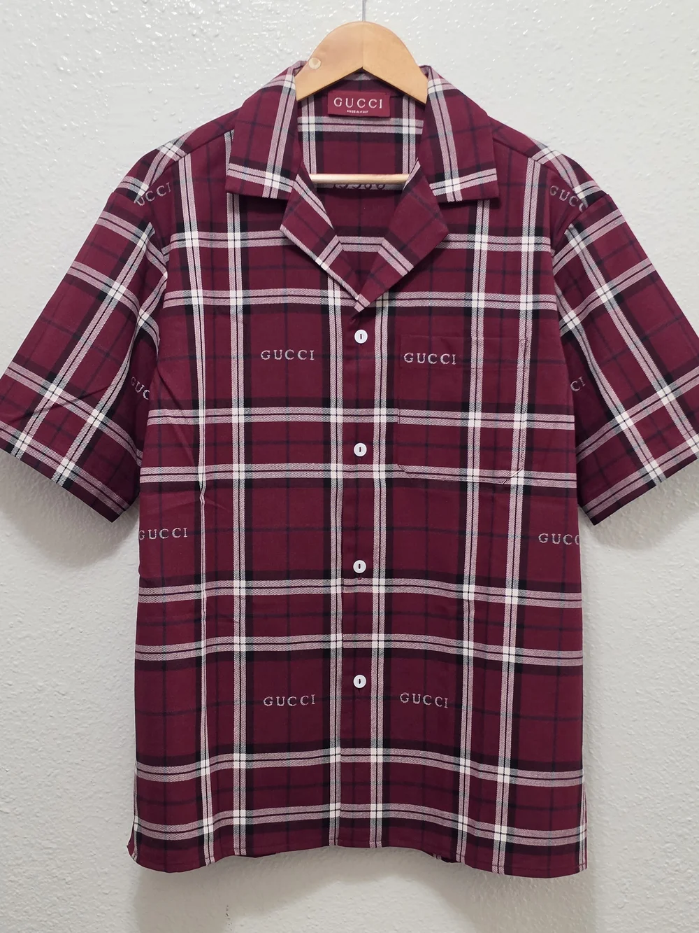 Gucci Men's Burgundy Plaid Short-Sleeve Shirt